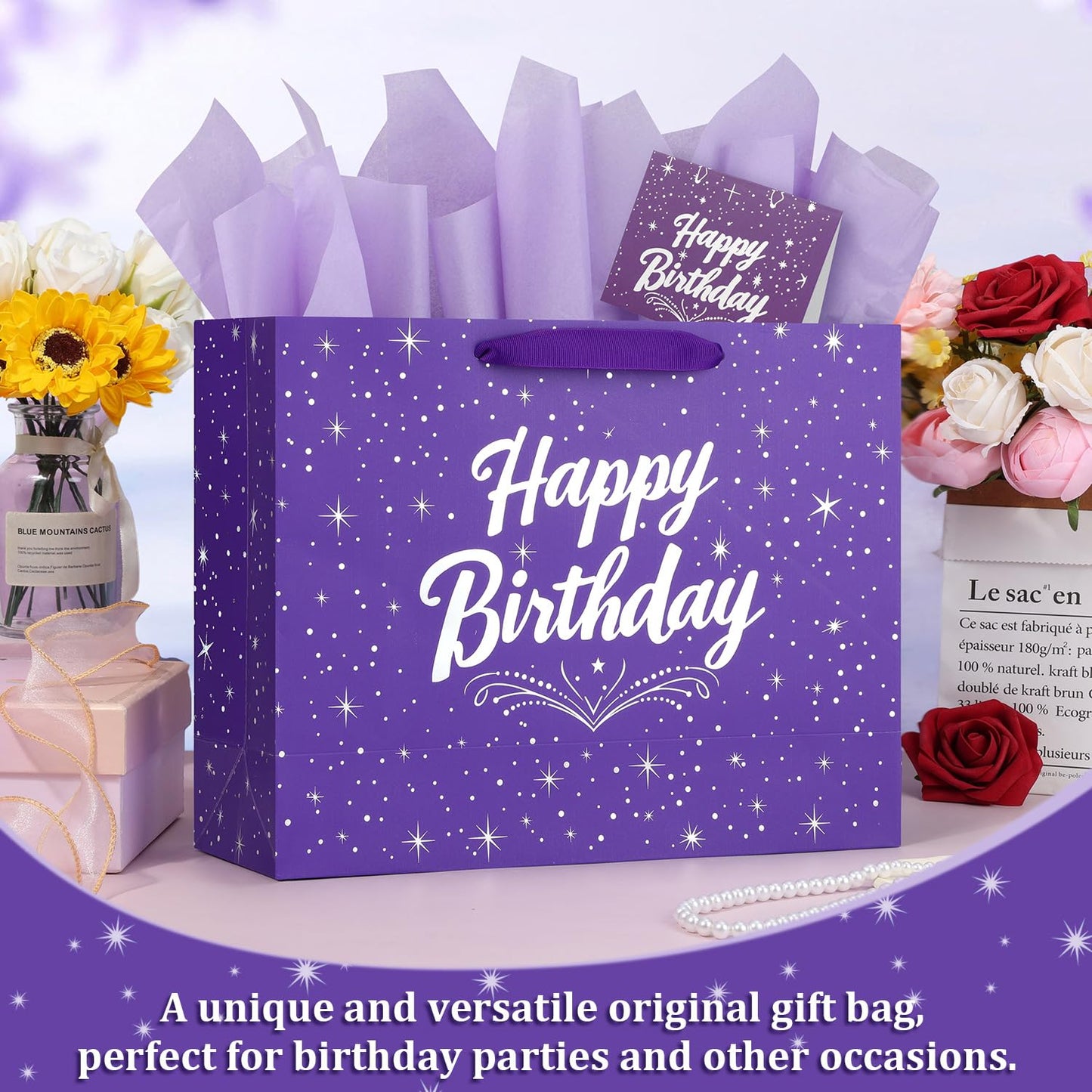 13" Purple Happy Birthday Gift Bag with Tissue Paper and Greeting Card for Party,Happy Birthday Gift Bag for Men Women,Gift Bags Medium size