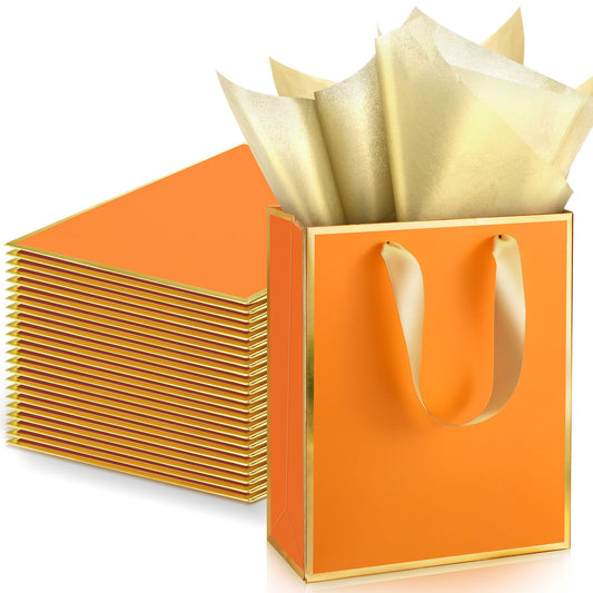 Yeaqee 24 Pack Metallic Paper Gift Bags with Handle and Tissue 9x7x3.1 Gold Foil Welcome Thank You Favor Bags Return Gifts for Wedding Graduation Bridesmaid Groomsmen Birthday(Orange, Gold)