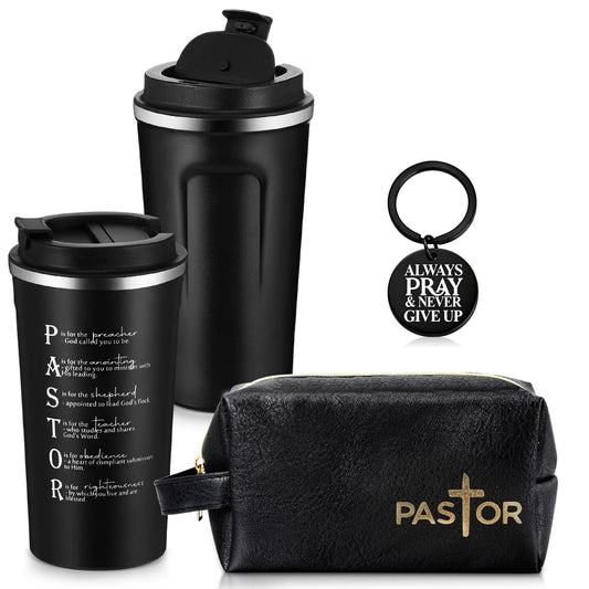 Roshtia 3 Pcs Pastor Appreciation Gift for Men Christian Ordination Gift Ministers Religious Inspirational 17oz Stainless Steel Tumbler with Lid Leather Toiletry Bag Keychain for Fathers Dad Husband