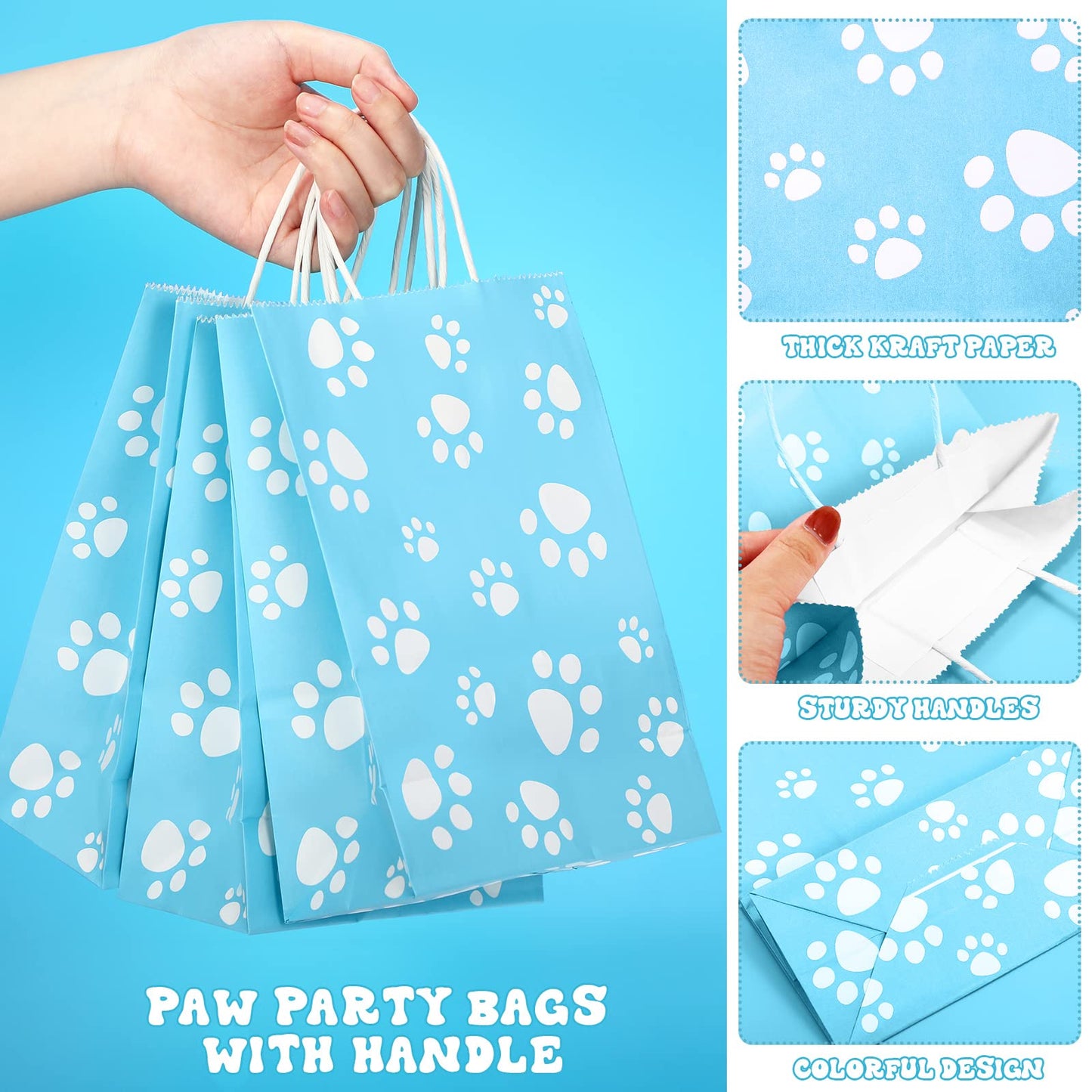Blulu 20 Pcs Puppy Dog Paw Gift Bags with Paper Twist Handles, Dog Gift Paper Paw Treat Goodie Bags for PET Treat Party Favor, 6.3 x 3.1 x 8.6 Inch(Blue Backing)
