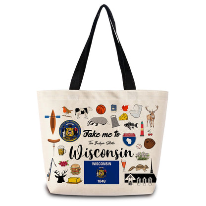 Take Me To Wisconsin Tote Bag Reusable Grocery Bags Aesthetic Shopping Shoulder Handbag with Interior Pocket Lightweight & Washable Stylish Wisconsin Travel Present for Women