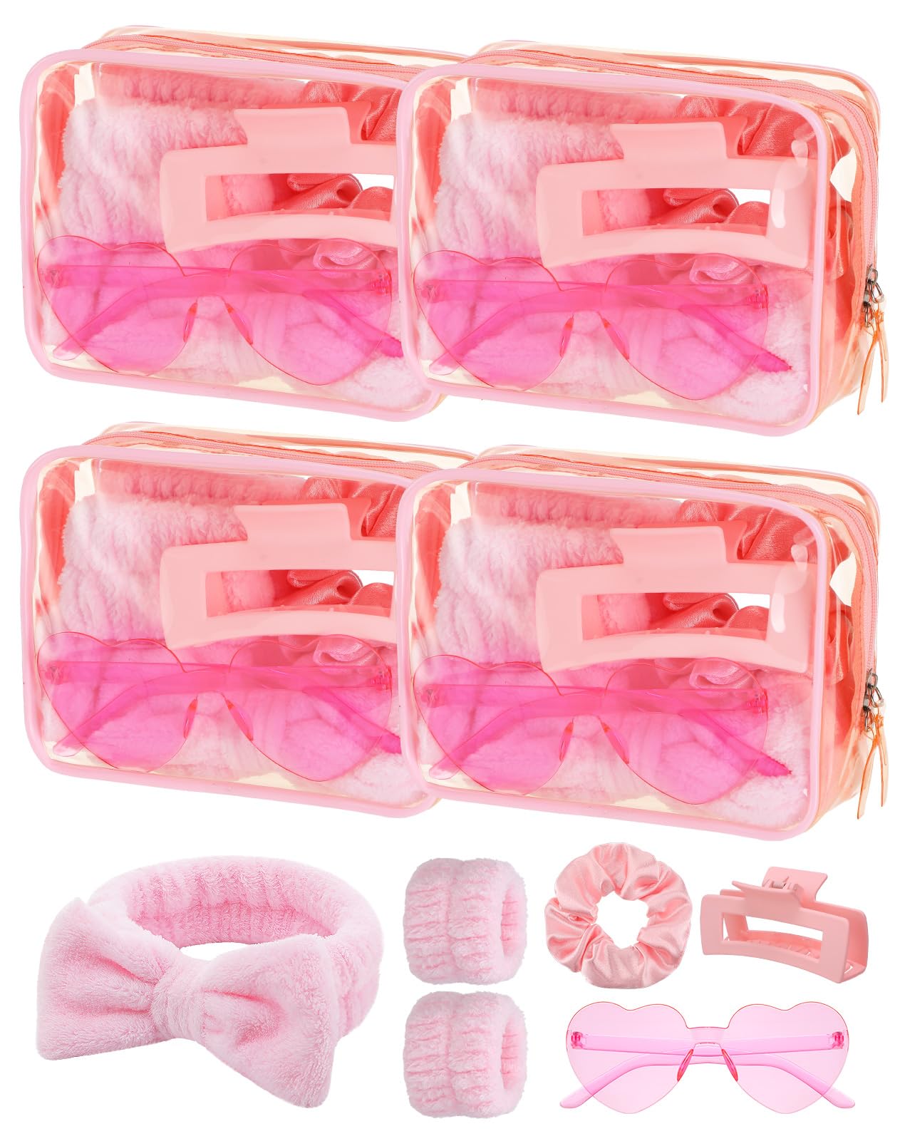 Cosweet 4 Sets Galentine's Day Gift for Women - Pink Spa Party Favors with Headband & Wrist Band, Heart Glasses, Hair Clips, Scrunchies, and Makeup Bag, Friendship Gifts for Valentine's Day