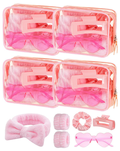 Cosweet 4 Sets Galentine's Day Gift for Women - Pink Spa Party Favors with Headband & Wrist Band, Heart Glasses, Hair Clips, Scrunchies, and Makeup Bag, Friendship Gifts for Valentine's Day