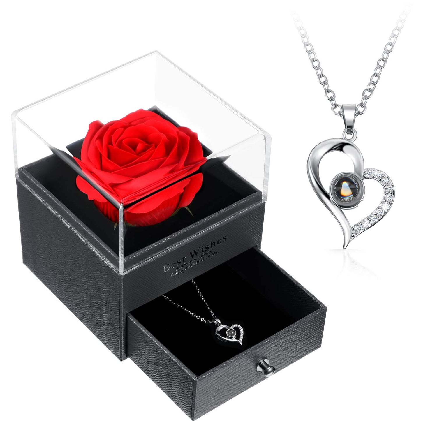 Hicarer Mother's Day Necklace Gift for Girlfriend Women I Love You in 100 Languages Projection Necklace Heart Pendant with Preserved Red Rose Flower in Box for Mom Mama Wife on Anniversary