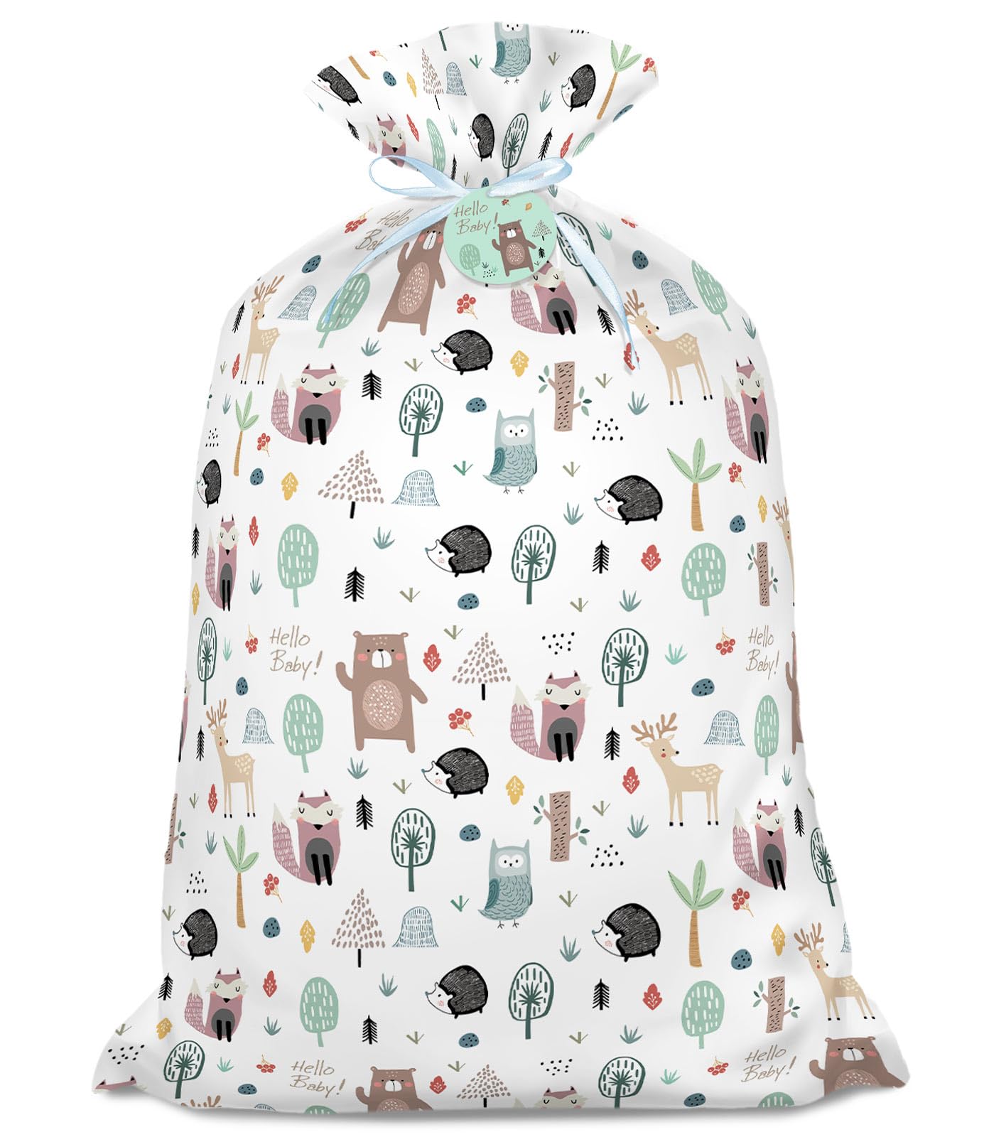 56" Extra Large Baby Shower Plastic Gift Bag, Jumbo Gift Bag with Woodland Animal Design for Girls, Boys and Newborn Parties or Celebration