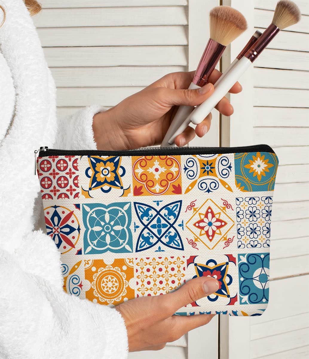 Retro Portuguese Talavera Tiles Makeup Bag,Mandala Vintage Flowers Cosmetic Bag Best Gift Idea for Sister Girls Girlfriend Wife Mom,Birthday Christmas Valentine's Day Gift Makeup Bag