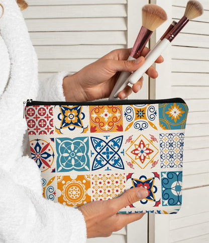 Retro Portuguese Talavera Tiles Makeup Bag,Mandala Vintage Flowers Cosmetic Bag Best Gift Idea for Sister Girls Girlfriend Wife Mom,Birthday Christmas Valentine's Day Gift Makeup Bag