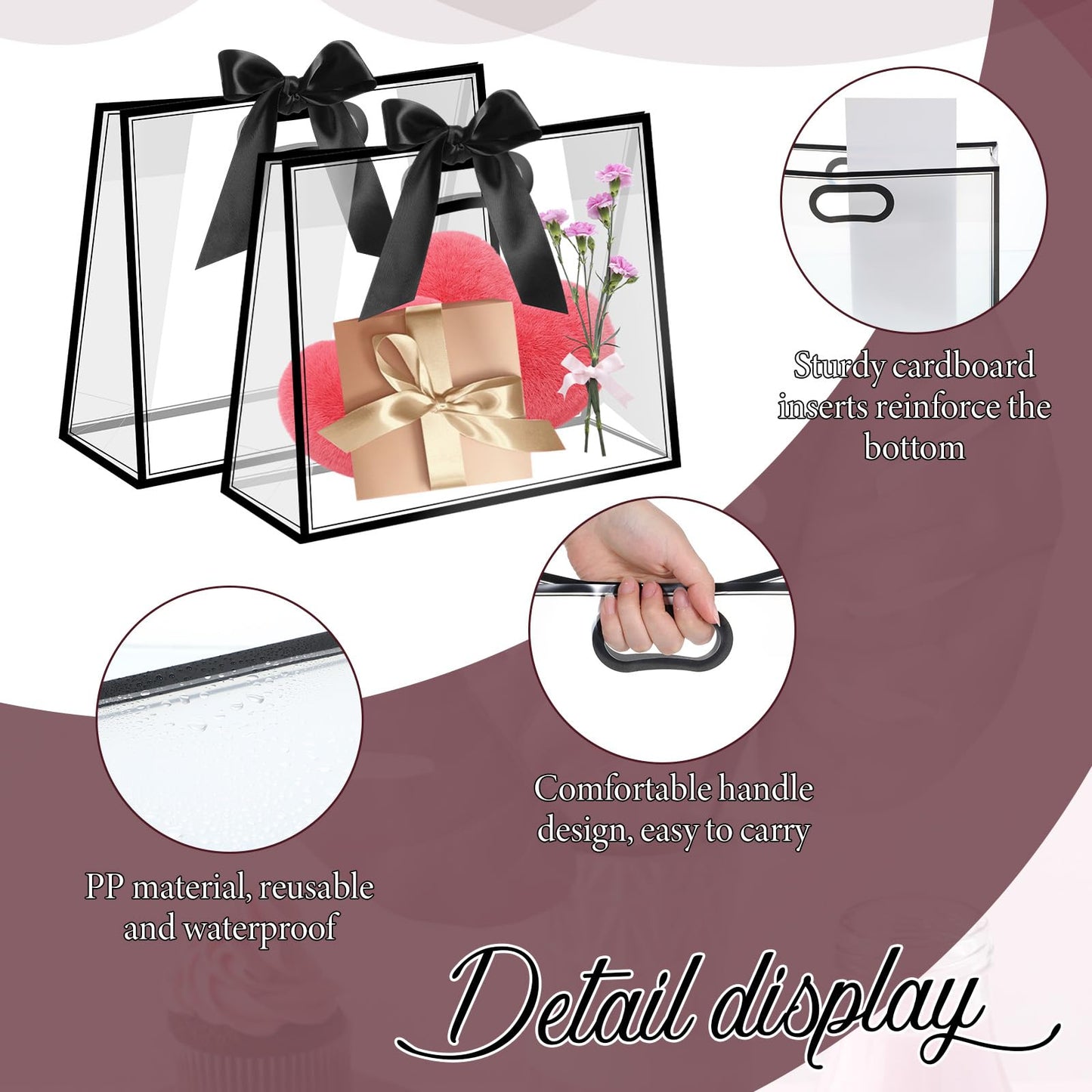 Oqqlin 12 Pcs Black Clear Gift Bags with Handles, 12.2 x 5.1 x 9.8 Inch Plastic Party Favor Bags with DIY Ribbon Reusable Goodie Tote Bag for Wedding, Birthday, Valentine's Day, Baby Shower
