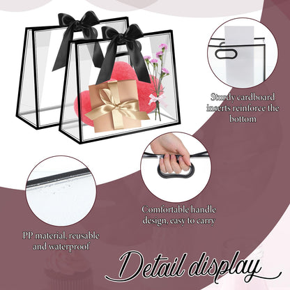 Oqqlin 12 Pcs Black Clear Gift Bags with Handles, 12.2 x 5.1 x 9.8 Inch Plastic Party Favor Bags with DIY Ribbon Reusable Goodie Tote Bag for Wedding, Birthday, Valentine's Day, Baby Shower