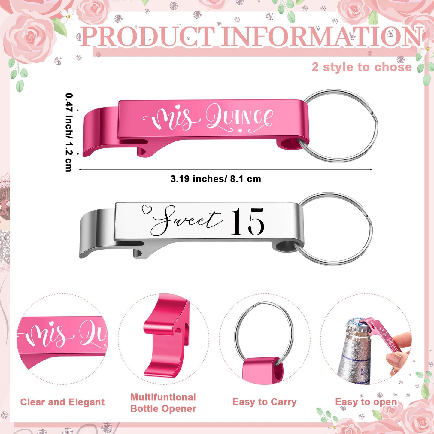 SiliFine 30 Set Quinceanera Party Favors for Guests Sweet 15th Acrylic Shot Glasses Bottle Opener Keychain Organza Bags Thank You Cards Rope Quinceanera Gift for 15th Birthday Party Favor (Pink)