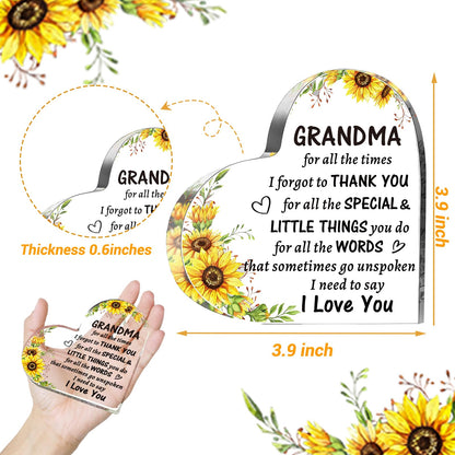Birthday Gifts for Grandma from Grandkids, to My Grandma Acrylic Heart Sign Paperweight Presents, Christmas Mothers Day Valentines Day Gifts for Grandma Grandmother