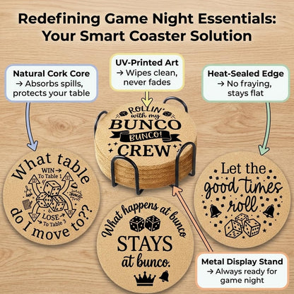 Bunco Coasters Set of 6 with Holder, Funny Bunco Game Cork Drink Coasters for Bunco Night Party, Bunco Gifts Table Decor for Game Players