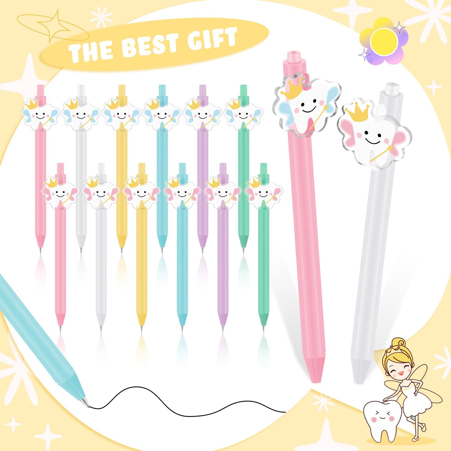 12 Pcs Tooth Fairy Wand Pens, Cute Tooth Fairy Gifts for Lost Teeth Rewards, Fun Writing Pens for Prizes, Dental Hygiene Rewards & Birthday Party Favors