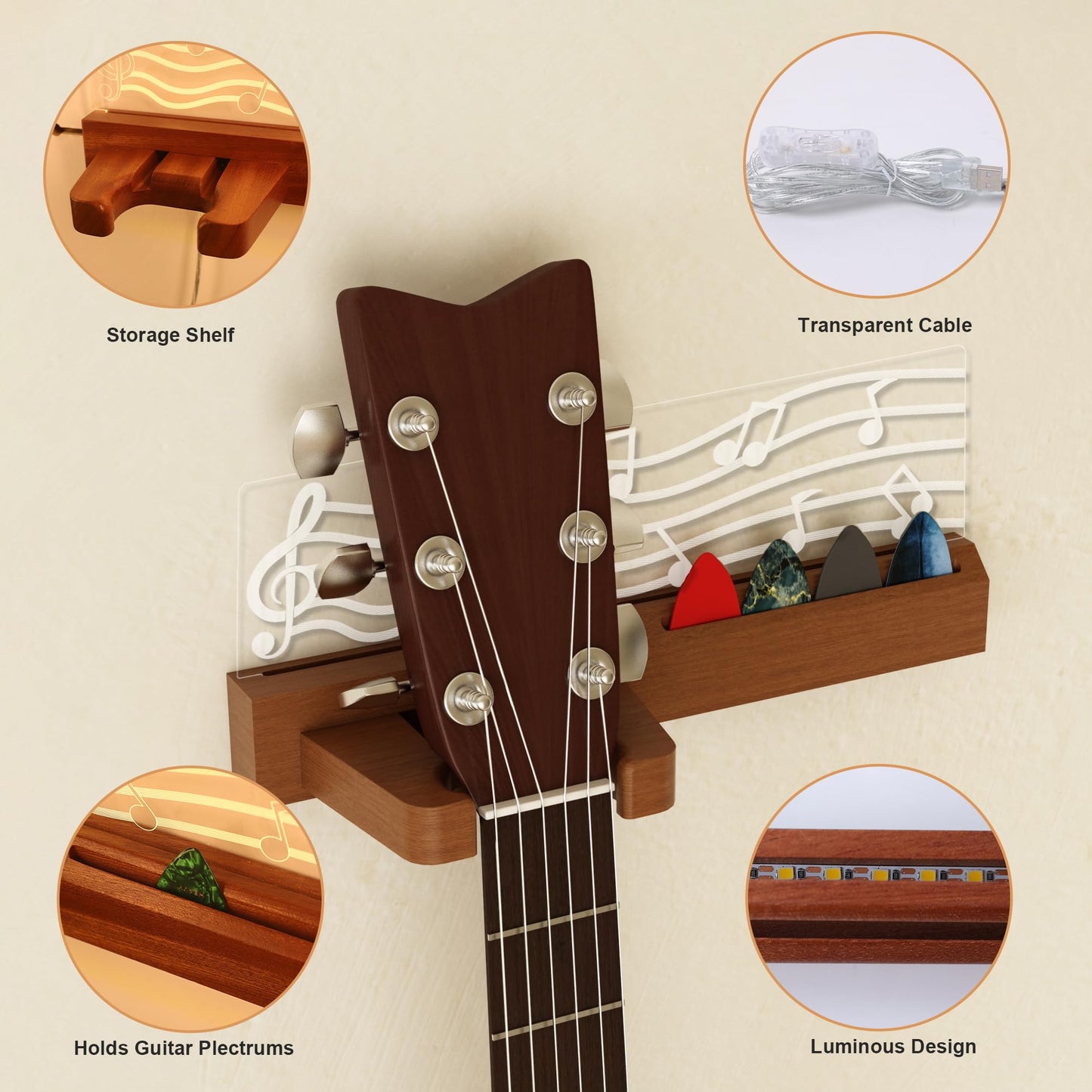 CoolGift Mart Guitar Wall Mount Stand with LED Lights - Solid Wood & Acrylic USB-Powered Guitar Accessories - Gift for Men, Guitar Players, Music Lovers (for Acoustic, Electric Bass, Ukulele)