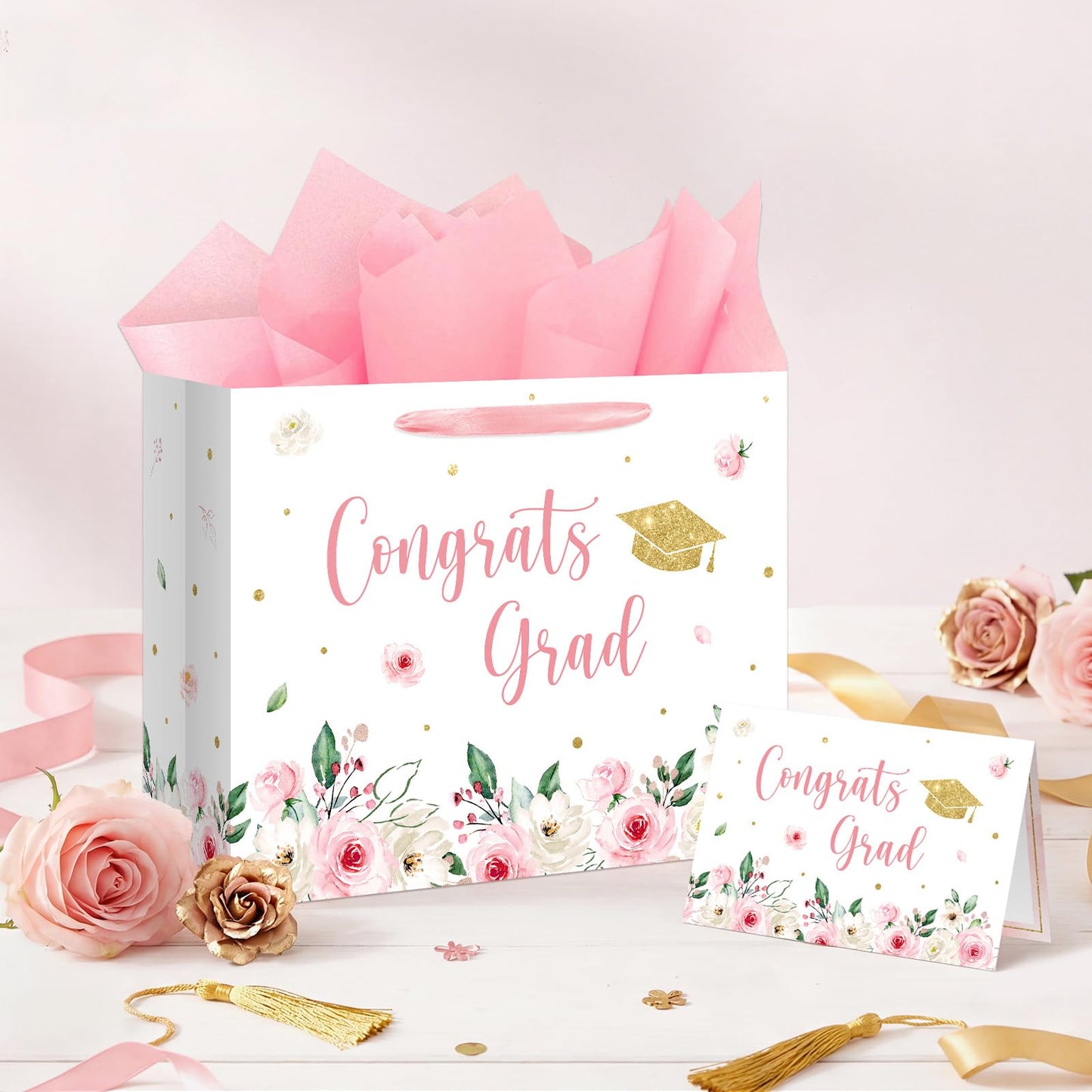Aysimple 13" Large Graduation Gift Bag with Tissue Paper and Greeting Card Congrats Grad Present Bag for Her Pink Flower Gift Party Favor Bags for Girls Female Women Graduation Party Supplies 1Pcs