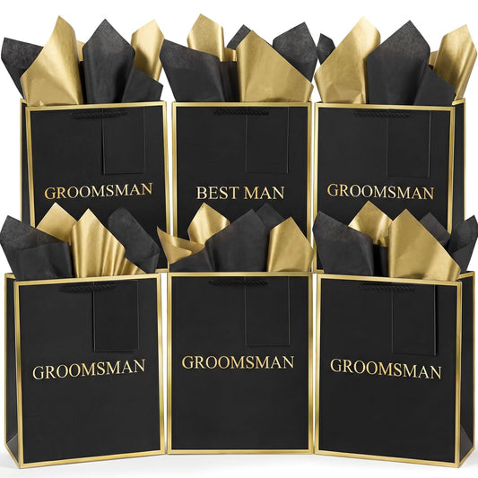 Resholder 6 Pack Groomsmen Gift Bags with Tissue Paper DIY Best Man Proposal Favor Bag with Tag Bachelor Wedding Gifts for Groomsman Best Man Bachelor Party (Medium,Black Gold)