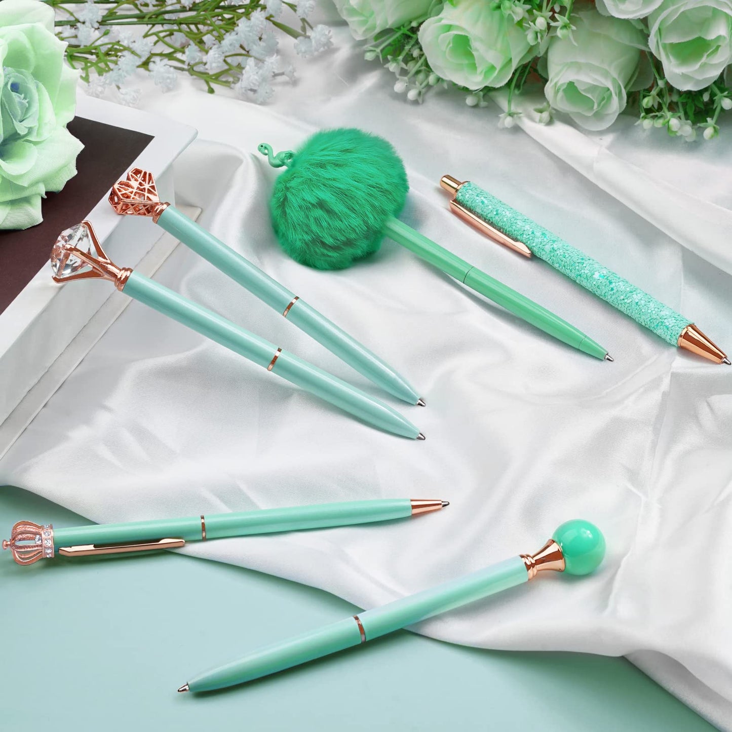 WEMATE 8Pcs Metal Crystal Diamond Ballpoint Pens Set - Glitter Green With Black & Blue Ink - Bling Fancy Gifts for Women, Wedding, School, Office Desk