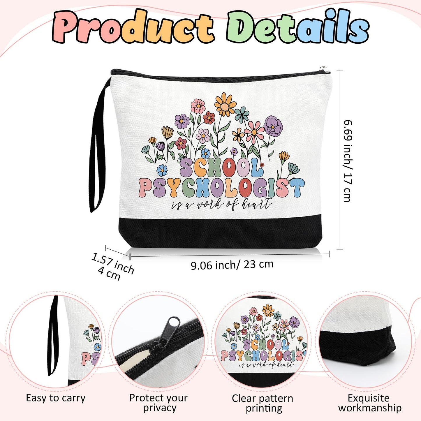 Paterr 2 Pcs School Psychologist Gifts for Women Canvas Tote Bag with Makeup Pouch Floral Reusable Grocery Bag for School Psych Counselor, Teacher Appreciation Gift