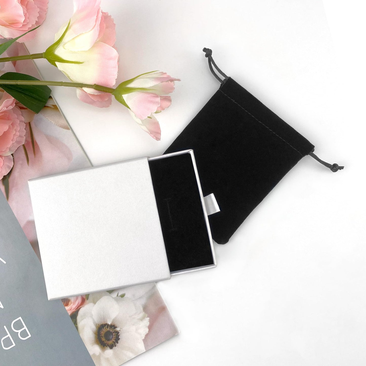 Small Jewelry Gift Box and Velvet Bag, Necklace Bracelet Earring Cardboard Organizer Square Jewellery Gift Box Pendent Storage Case for Birthday Xmas Christmas Wrapping (White)