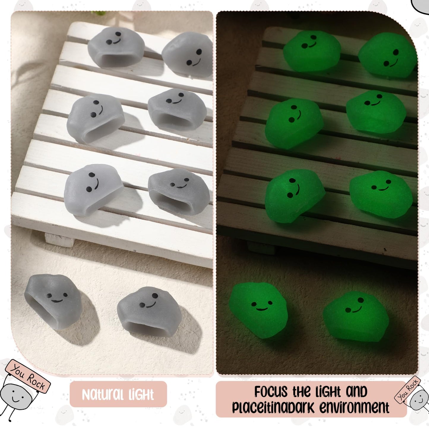 Wettarn 50 Sets Emotional Luminous Stone Stress Ball Bulk End of Year Gifts Cute Positive Stone Squeeze Inspirational Card Stress Relief Ball Graduation Gift for Teacher Student Coworker Employee