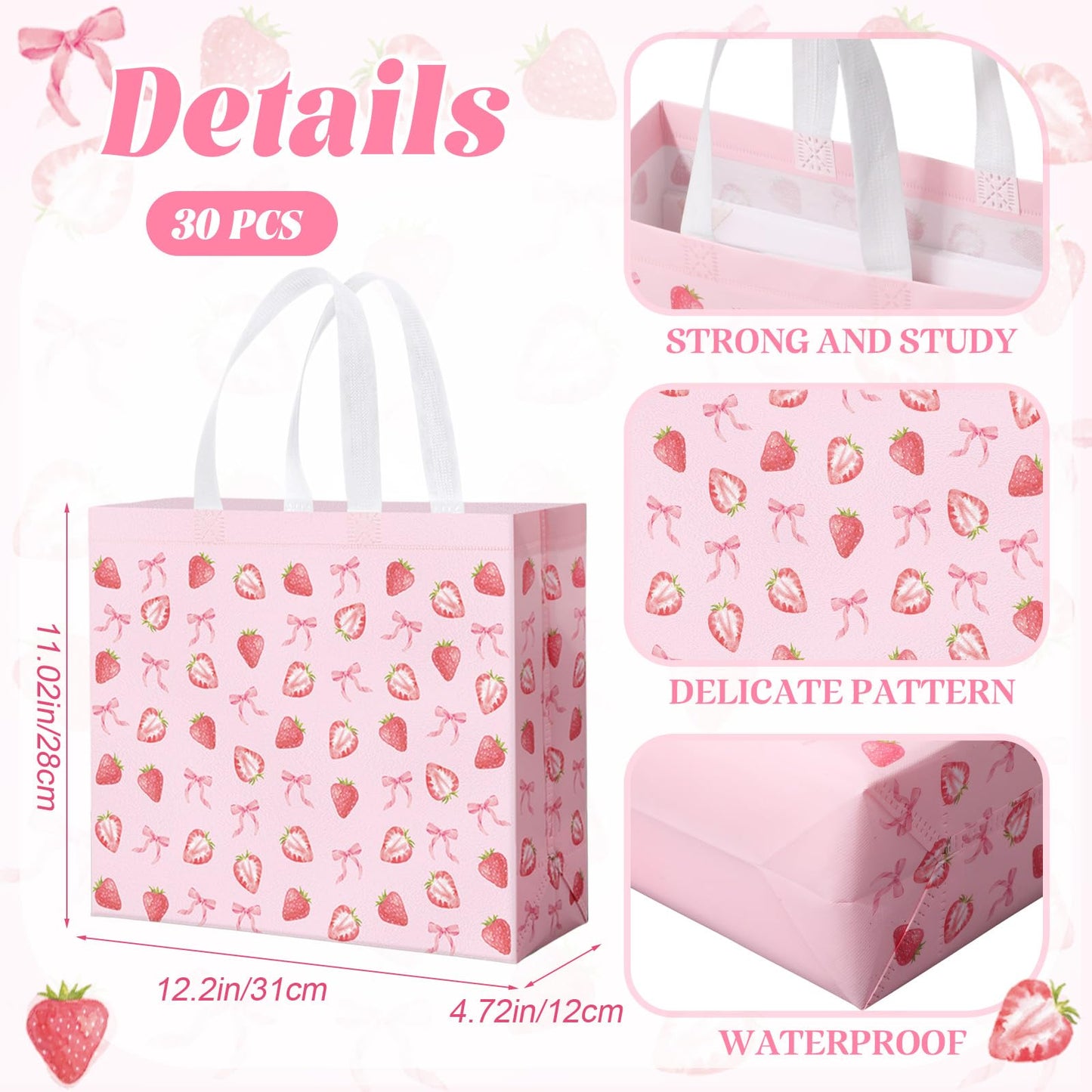 Abbylike 30 Pack Strawberry Bow Reusable Gift Bag Bulk Large Pink Bow and Sweet Strawberry Print Shopping Bag Tote Non Woven Tote for Women Wedding Birthday Baby Shower, 12.2 x 11.02 x 4.72 Inches