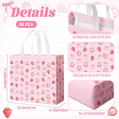 Abbylike 30 Pack Strawberry Bow Reusable Gift Bag Bulk Large Pink Bow and Sweet Strawberry Print Shopping Bag Tote Non Woven Tote for Women Wedding Birthday Baby Shower, 12.2 x 11.02 x 4.72 Inches