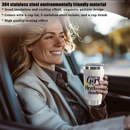Massage Therapist Gifts Massage Therapist Definition 20oz Stainless Steel Insulated Tumbler with Lid and Straw Just a Girl with Healing Hands (Girl with Healing Hands)