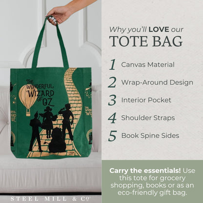 Steel Mill & Co Cute Canvas Tote Bag for Book Lovers, The Wonderful Wizard of Oz Inspired Reusable Bag for Work/Groceries