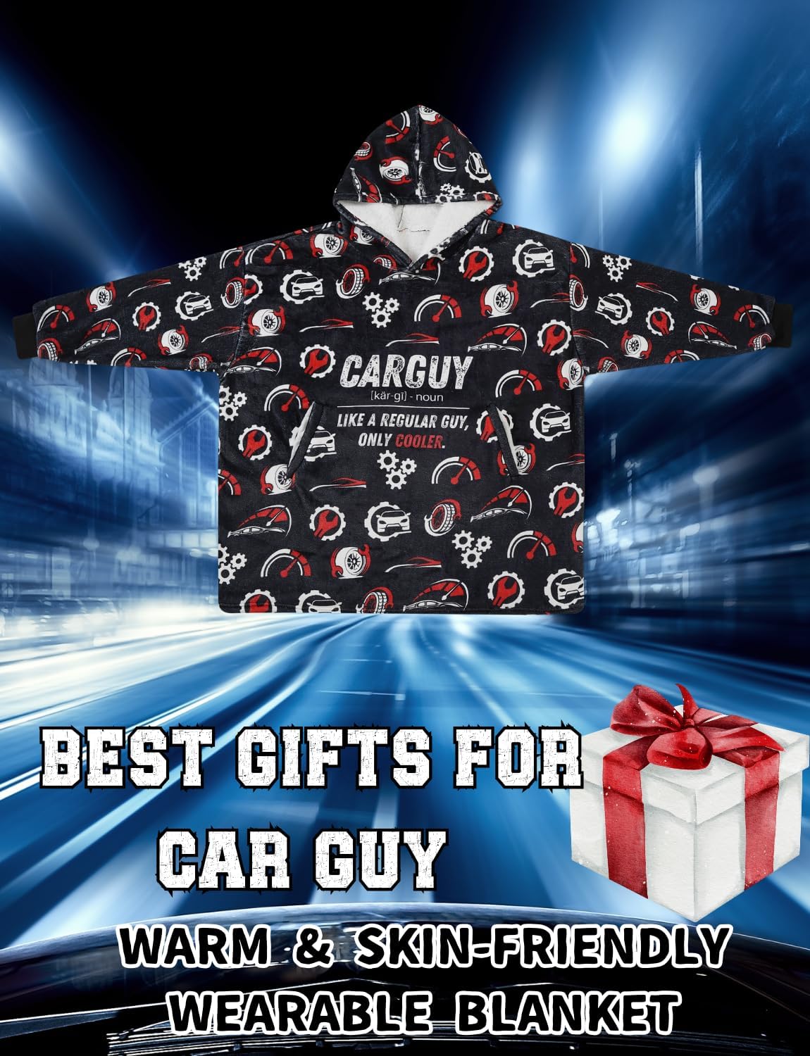 Huglanket Car Guy Gifts for Car Lovers, Wearable Blanket Hoodies for Adults for Birthday, Christmas, Oversized Flannel Hooded Blankets, One Size Fits All