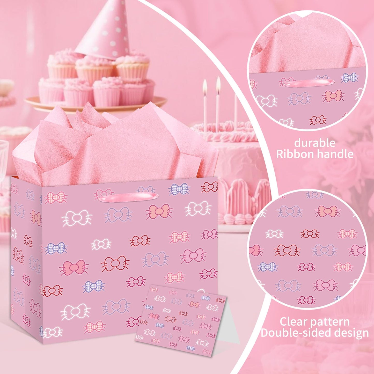 HSKMAKE Kawaii Cartoon Birthday Gift Bag for Girls, Cute Cat Theme Gift Bag with Greeting Card and Tissue Paper for Baby Shower, Birthday Party Decorations Supplies