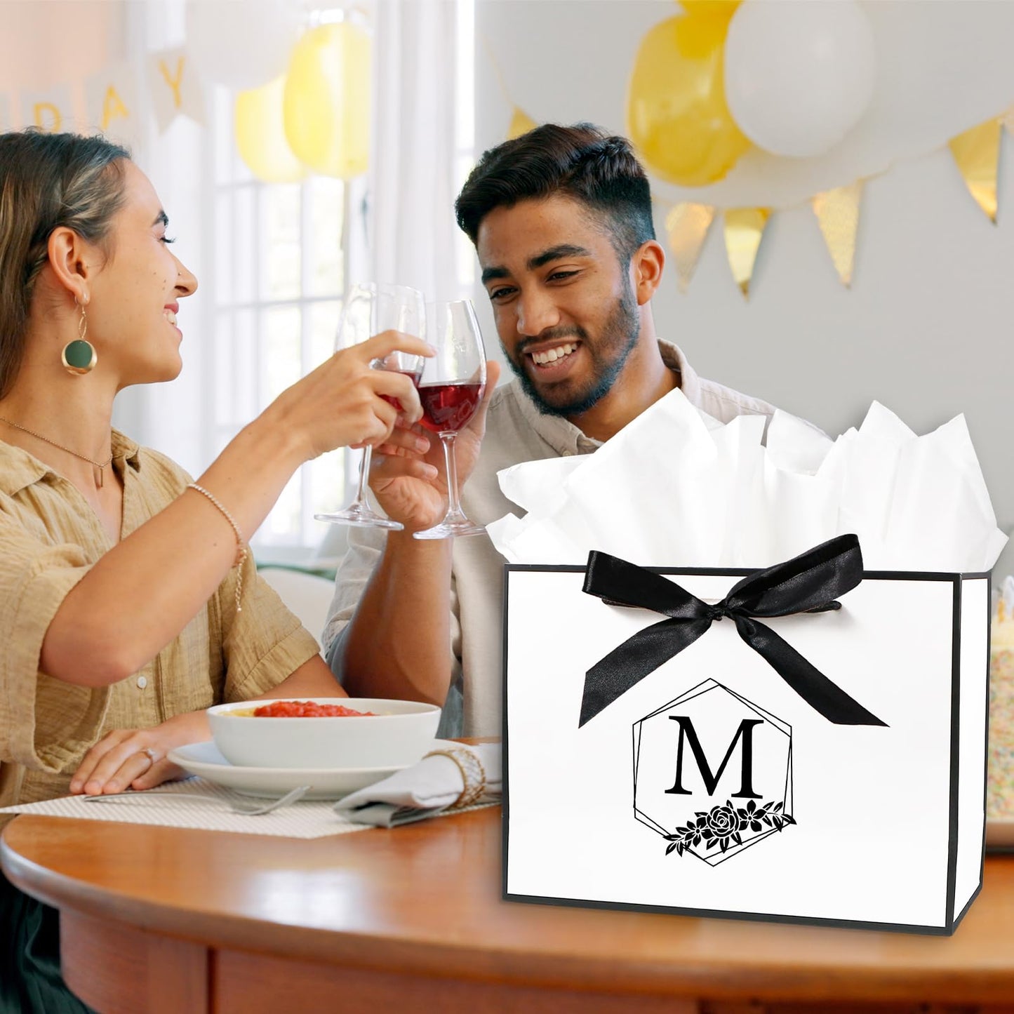 Personalized Initial Gift Bag, Large Alphabet Birthday Gift Bag with Tissue Paper and Bow Ribbon for Men Women, Initial Bow Bags for Gifts Wrapping, Bridal Party, Birthday Decorations (White, L)