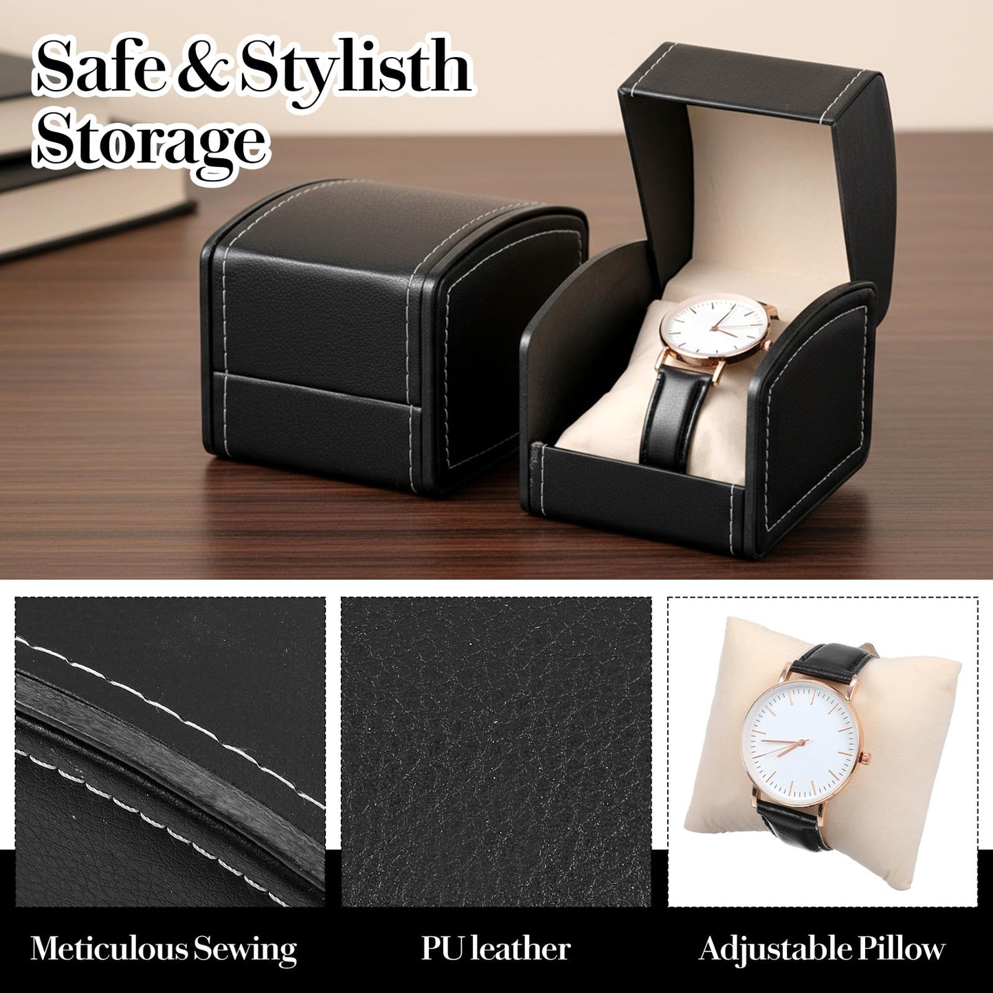 10 Packs Single Grid Watch Box with Pillow, PU Leather Gift Case for Bracelet, Jewelry Wristwatch Storage, Watches Display Holder for Men and Women, Single Watch Roll Organizer, Black