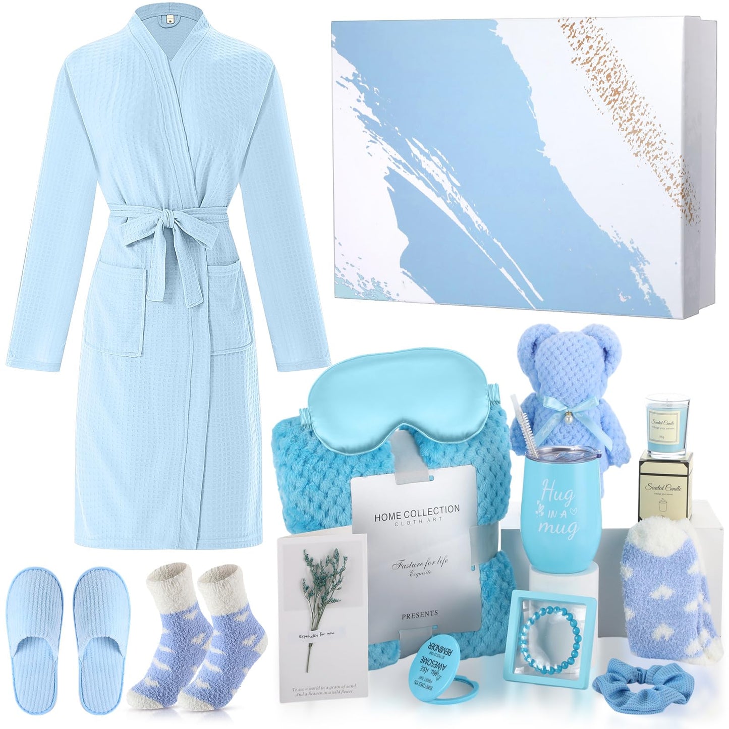 Sieral 14 Pcs Birthday Gifts for Women Care Blanket Gifts Set Spa Baskets Get Well Soon Gift Baskets Mother's Day Gift for Women Mom Her Girlfriend Sister Daughter Friend Wife Grandma(Plain,Blue)