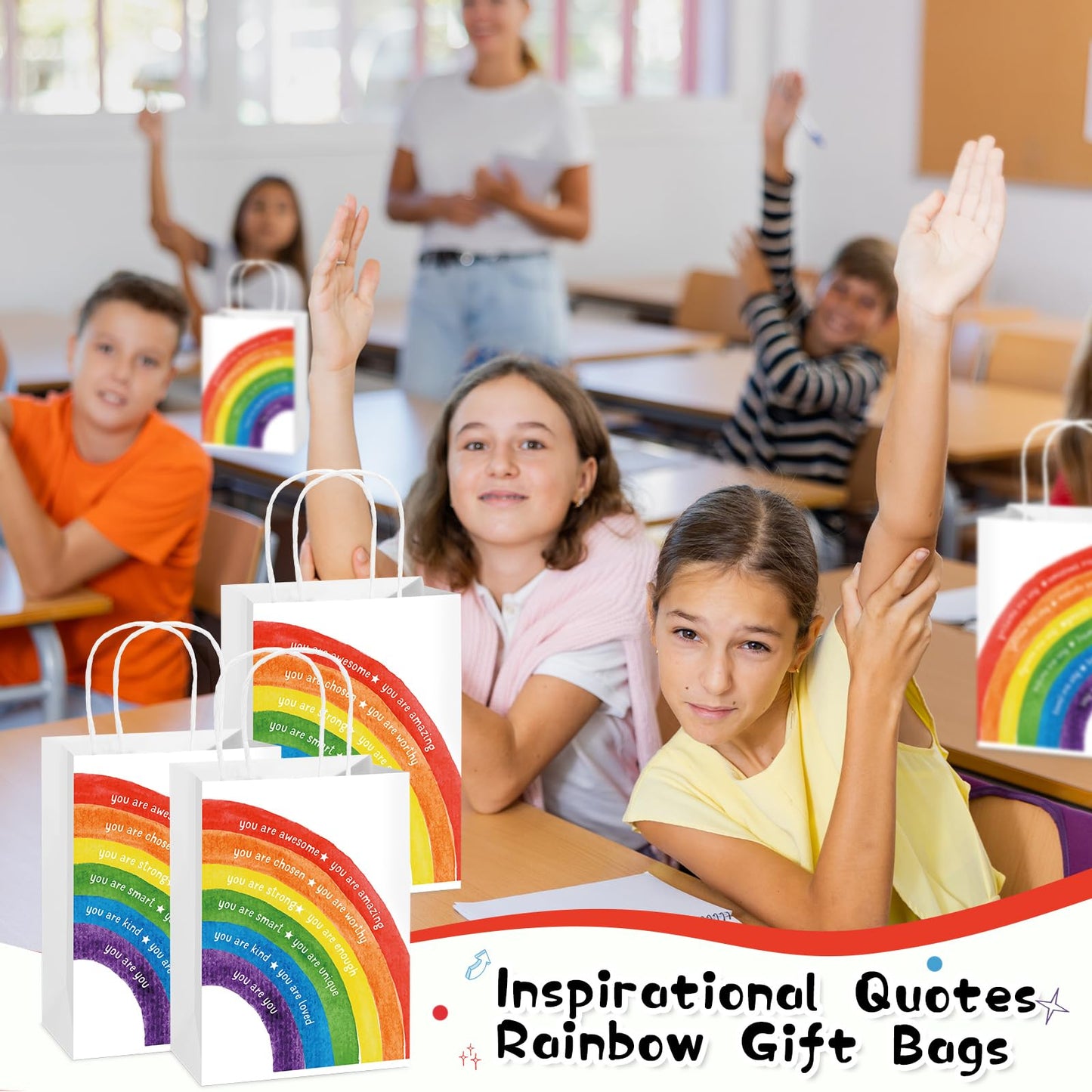 Coume 12 Pcs End of The Year Gifts Bags for Students Bulk Inspirational Colorful Paper Bags with Handle for Primary School Classroom Prize Kindergarten Preschool, 5.9 x 3.15 x 8.27 Inch (Rainbow)