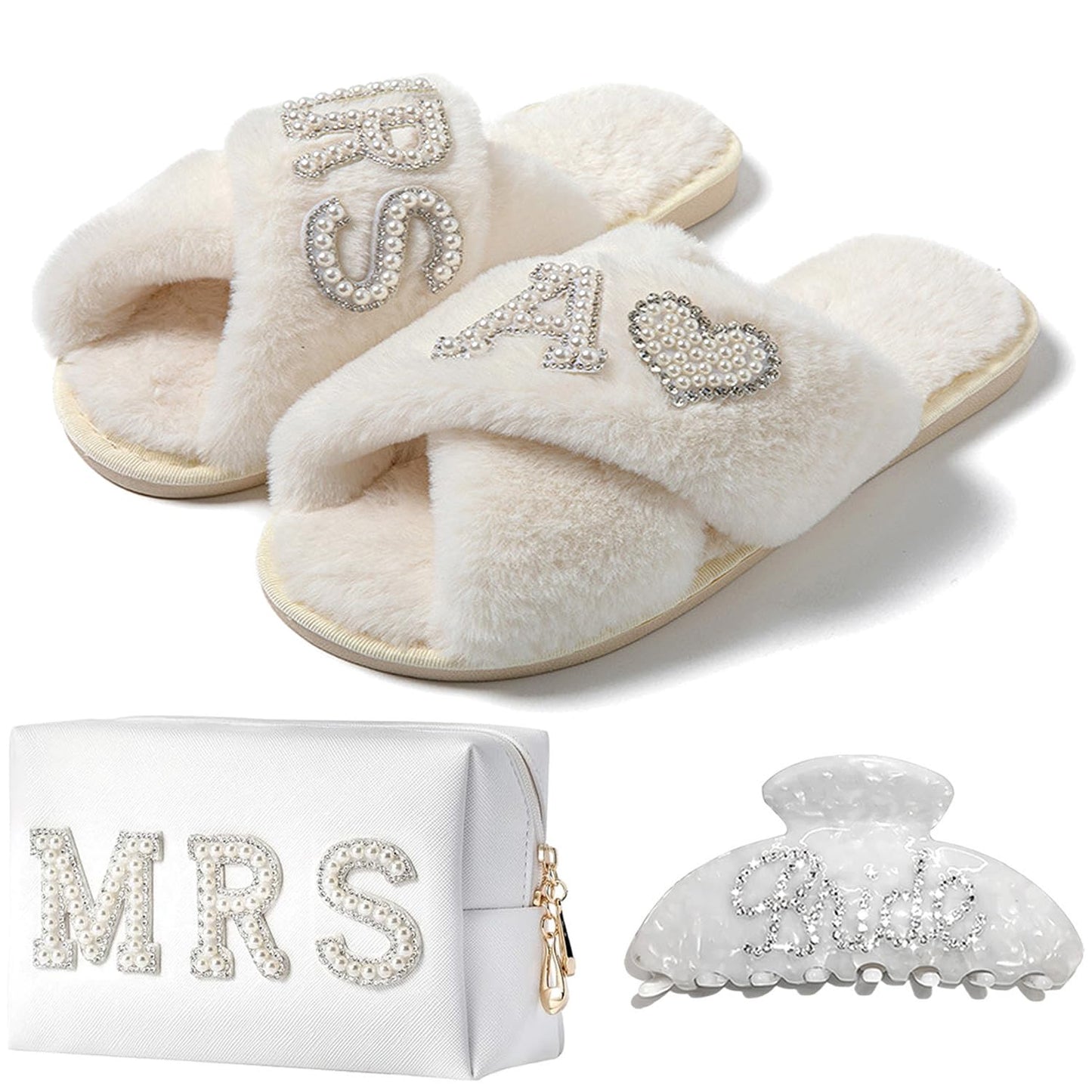 Personalized Initial Bridal Shower Gifts Box Set, Bride Slippers MRS Cosmetic Bag Bride Hair Clip Wedding Gifts for Bride, Bride to be Gifts Bachelorette Gifts