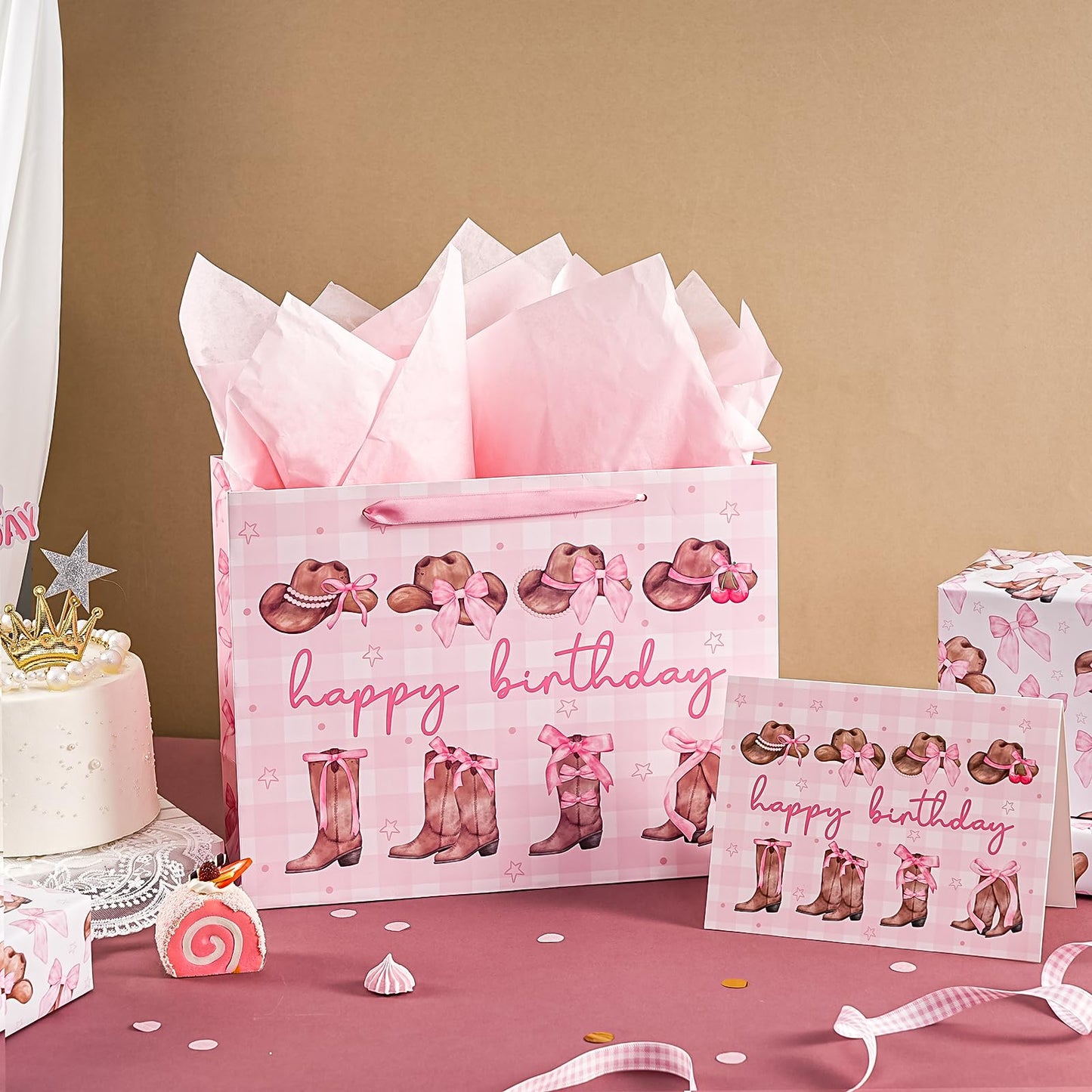 WRAPAHOLIC 13" Large Pink Cowgirl Birthday Gift Bag with Card and Tissue Paper - Western Bow Happy Birthday Wrapping Paper Bags for Party Favors Decor Girls Women Supplies