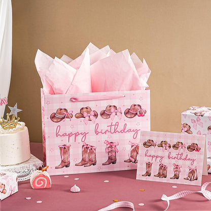 WRAPAHOLIC 13" Large Pink Cowgirl Birthday Gift Bag with Card and Tissue Paper - Western Bow Happy Birthday Wrapping Paper Bags for Party Favors Decor Girls Women Supplies