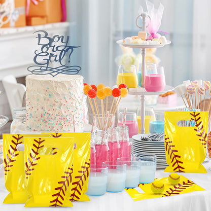 Hxezoc 50 Pieces Softball Gift Bags with Handle, Plastic Treat Candy Bag Sport Favor Bags For Kids Birthday Party Decoration Supplies (Yellow)