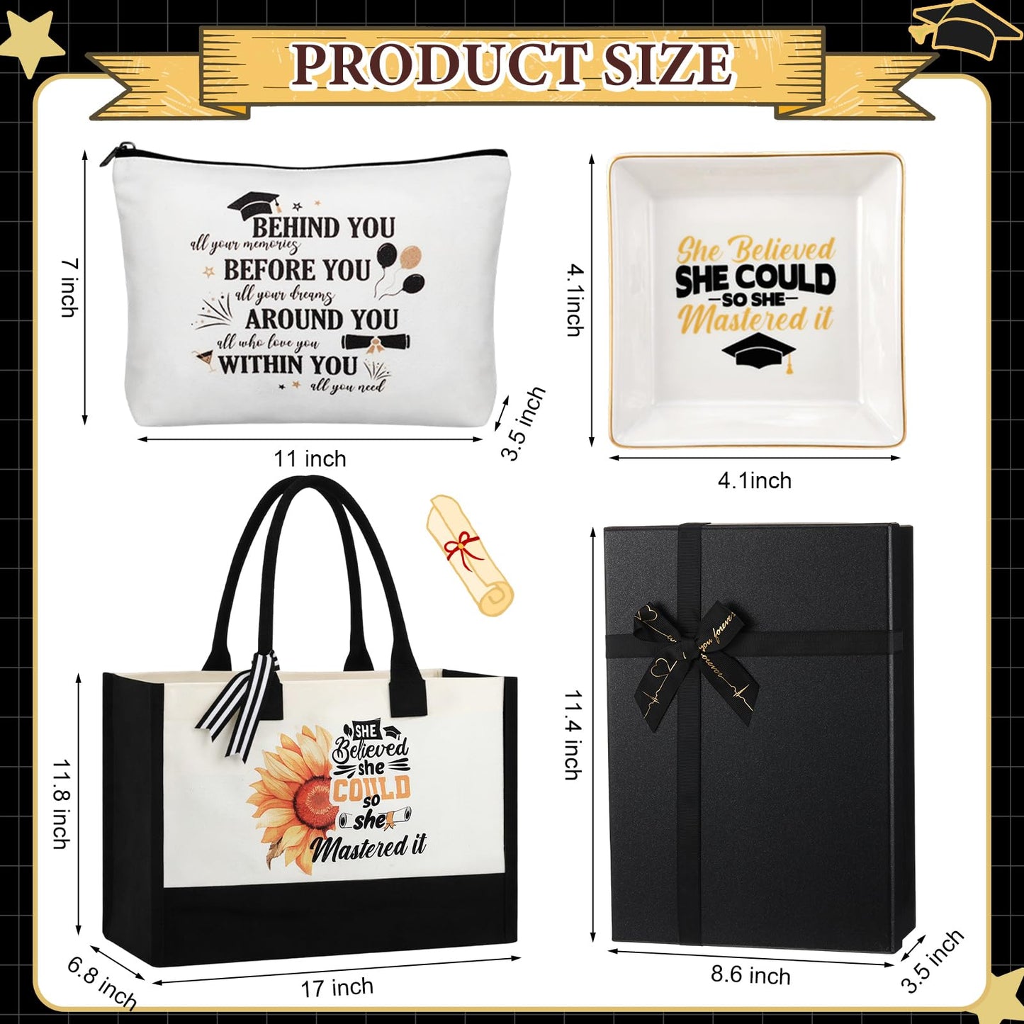 Locmeo 10 Pcs Master Degree Graduation Gifts for Women Include Tote Bag Makeup Bag Tumbler Candle Tray Socks Card Mirror Keychain and Box for Class of 2026 College Masters Graduation
