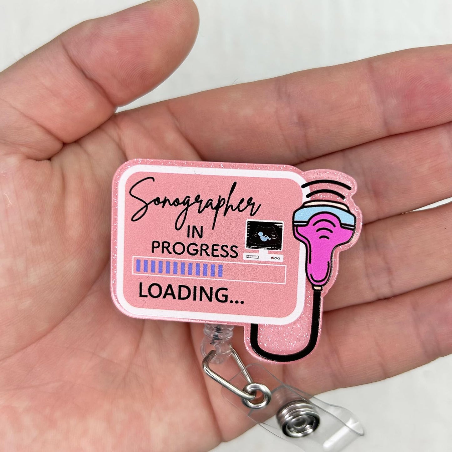 Sonographer in Progress Badge Reel Retractable, Funny Badge Reel for Future Sonographer & Ultrasound Student, Ultrasound Technician Gifts, Sonography Student Badge Holder with Alligator Clip | Acrylic