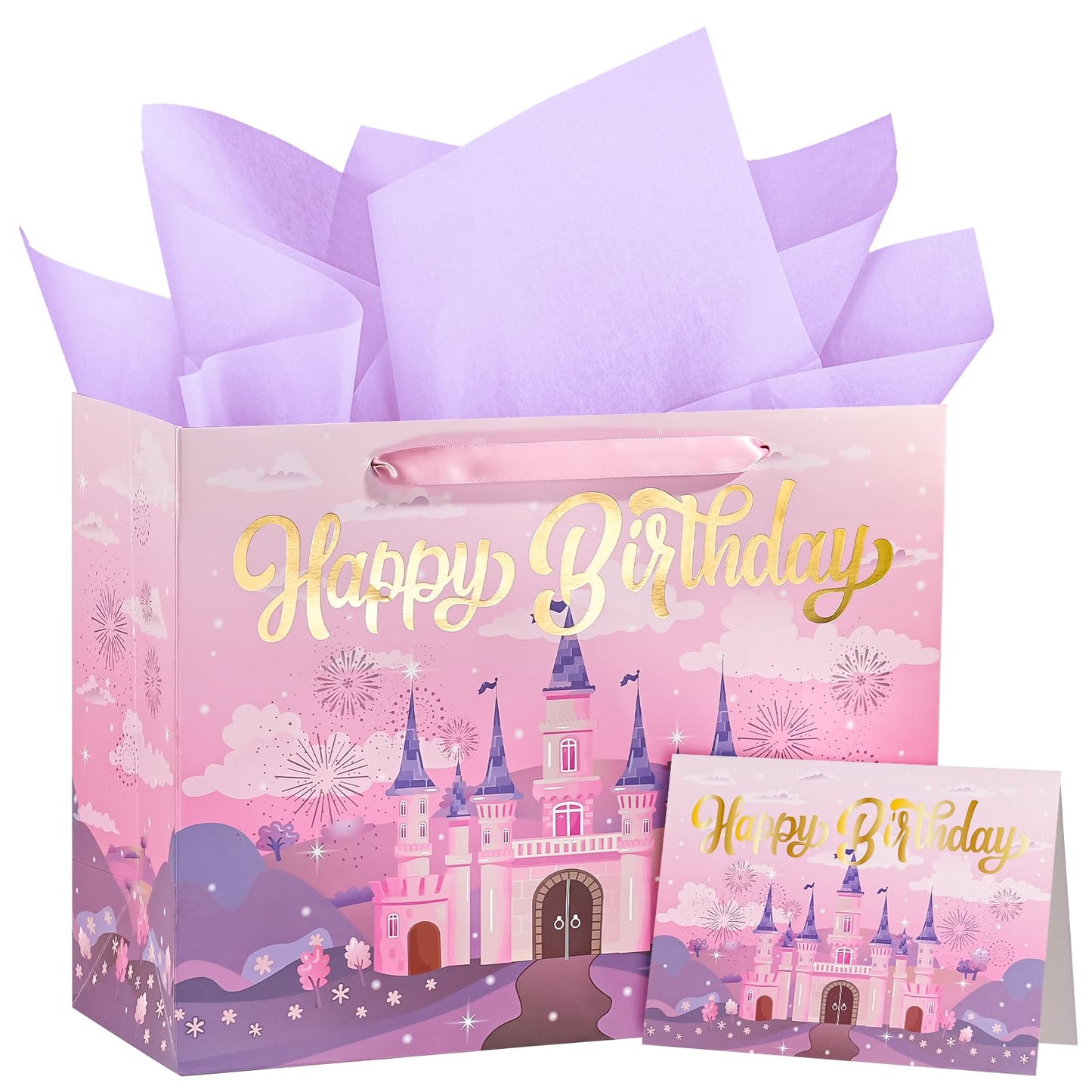 WRAPAHOLIC 13" Princess Birthday Gift Bags with Tissue Paper and Card - Purple Castle Bags for Kids Girls Birthday Party Baby Shower Supplies