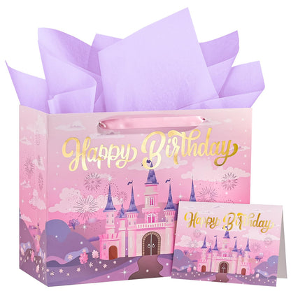 WRAPAHOLIC 13" Princess Birthday Gift Bags with Tissue Paper and Card - Purple Castle Bags for Kids Girls Birthday Party Baby Shower Supplies