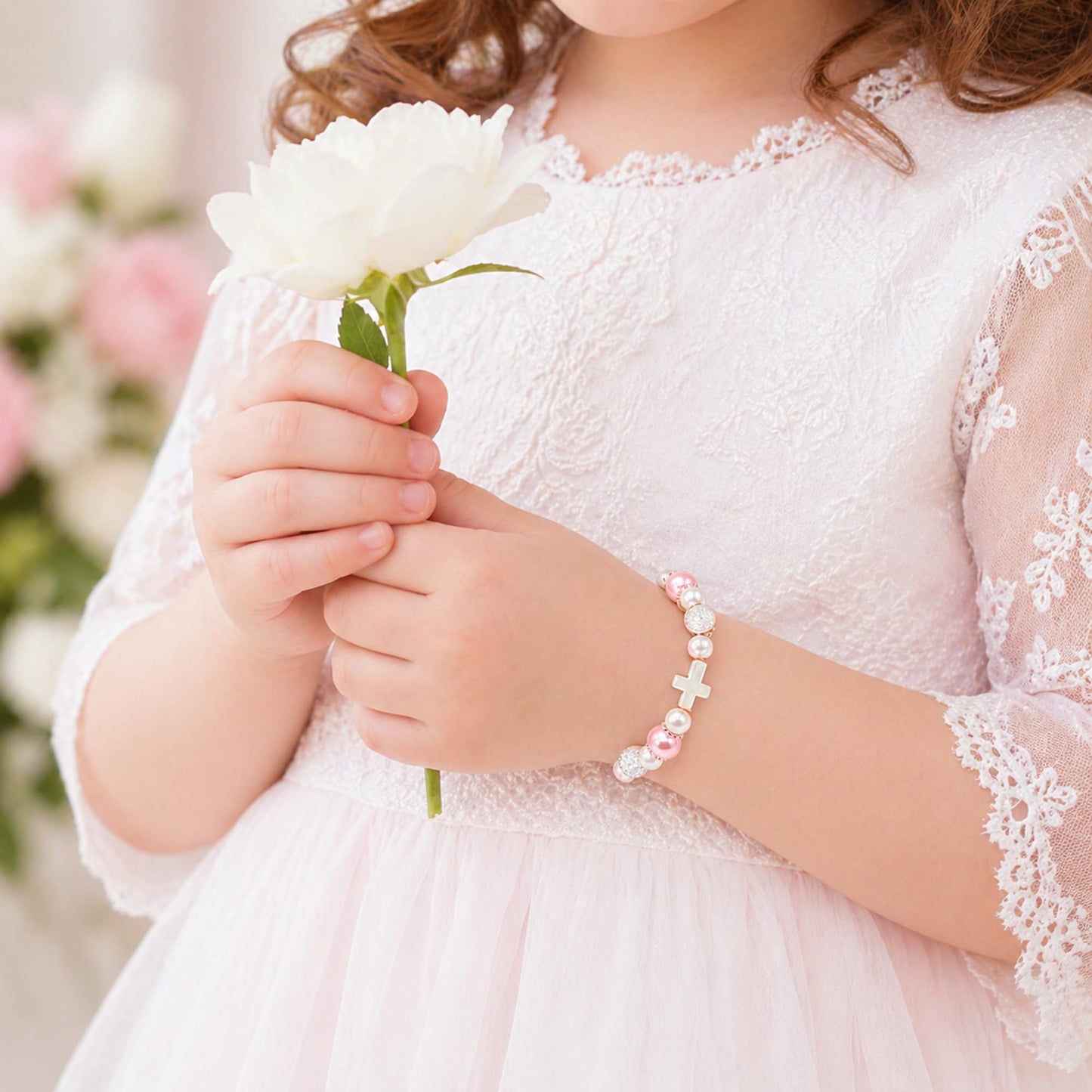 Baptism Gifts for Girl, Cross Pearl Bracelet for Christening First Communion Confirmation, Religious Christian Jewelry Keepsake for Kids Goddaughter Daughter Granddaughter Niece Sister
