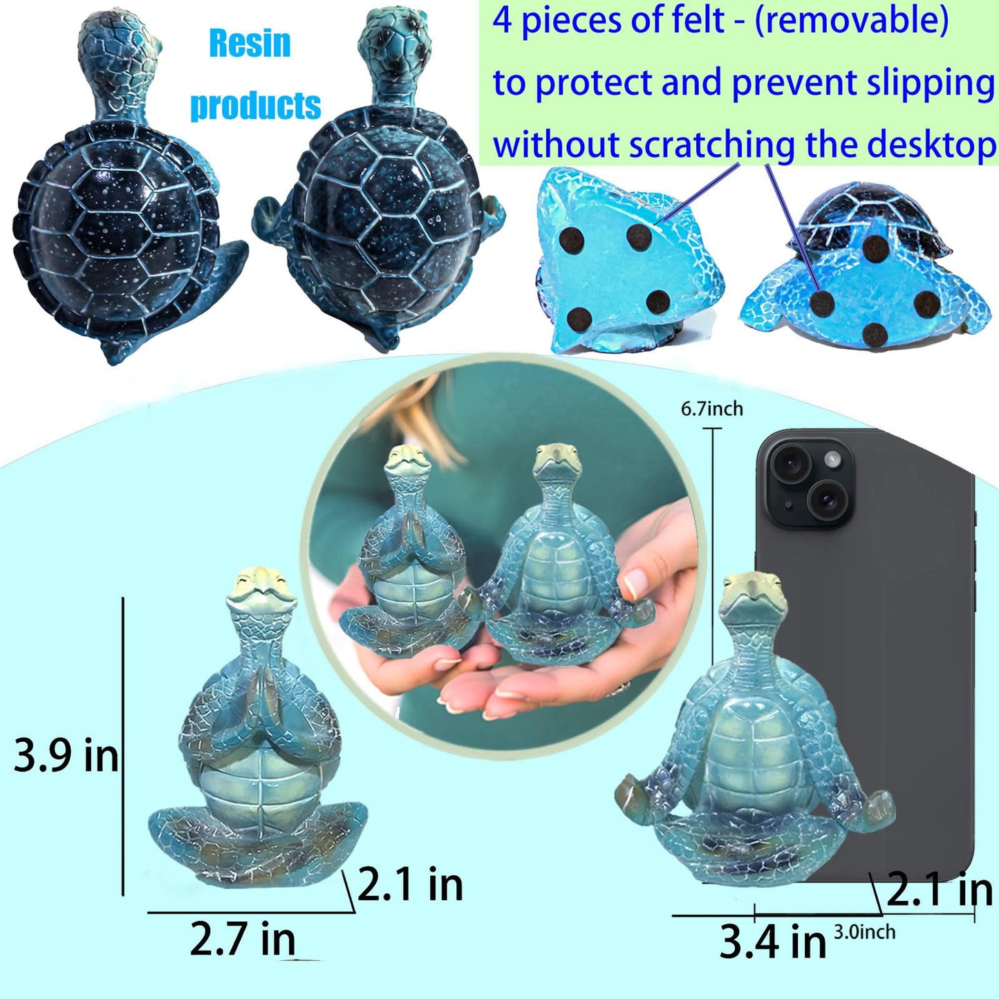 2-Pack Yoga Sea Turtle Figurines - Resin Meditation Desk Statue Decor with Non-Slip Base Zen Ocean Theme Table Shelf Sculptures Beach Bathroom Office Decoration Gifts for Women Turtle Lovers