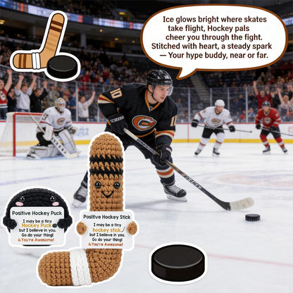 Positive Crochet Hockey Gift Set, Handmade Knitted Hockey Stick Puck with Card, Emotional Support Sports Gift for Teammates Men Women, Cute Cheer Up Birthday Gifts for Hockey Players