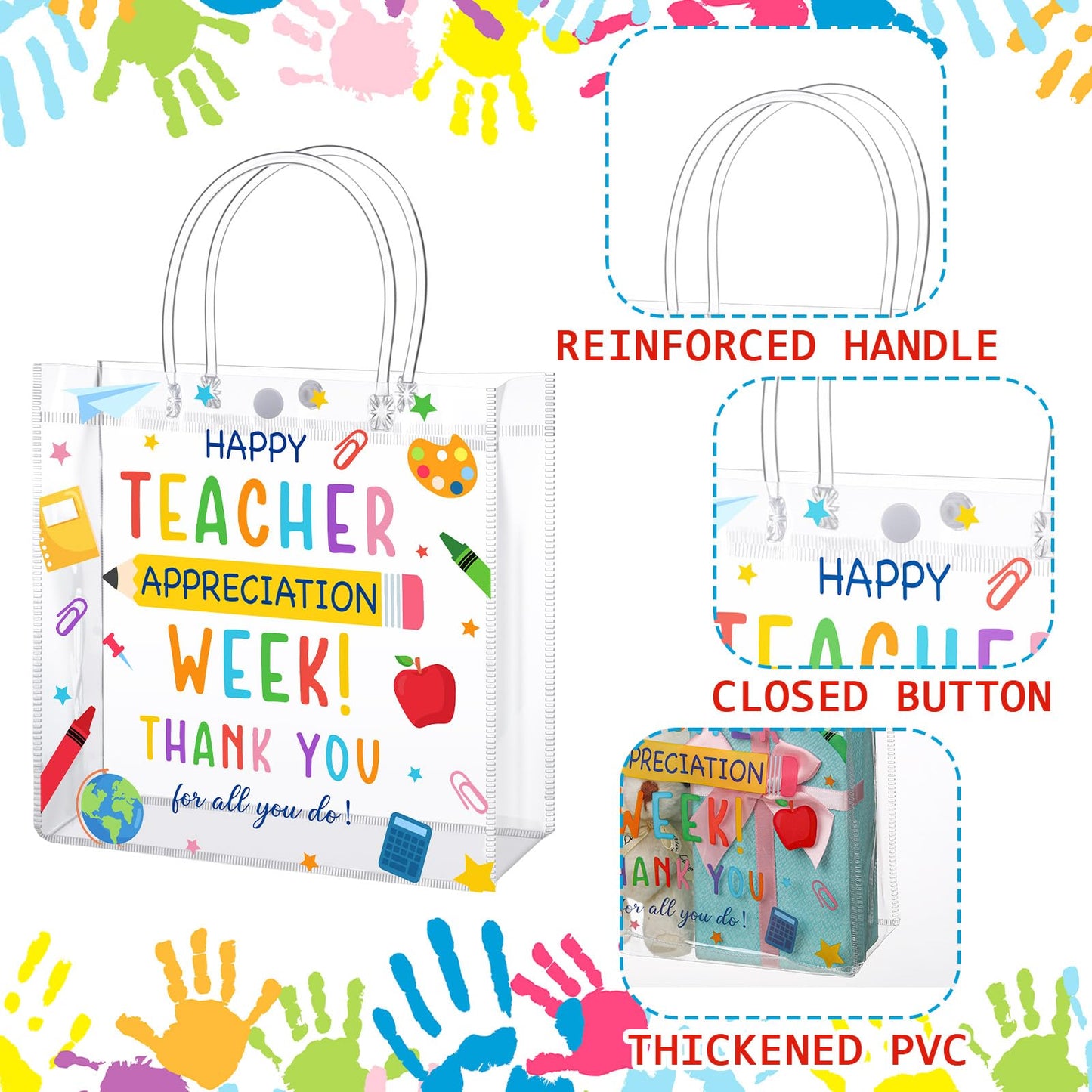 Sweetude 24 Pcs Teacher Appreciation Week PVC Plastic Gift Bags with Handles Back to School Gifts for Teachers' Day First End of the School Year
