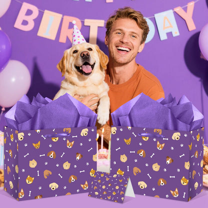 HSKMAKE Purple Dog Gift Bag Large Dog Paw Print Gift Bag with Card and Tissue Papers for Men, Women, Boys, Girls, Kids, Puppy Themed Baby Shower Birthday Party Favor Supplies