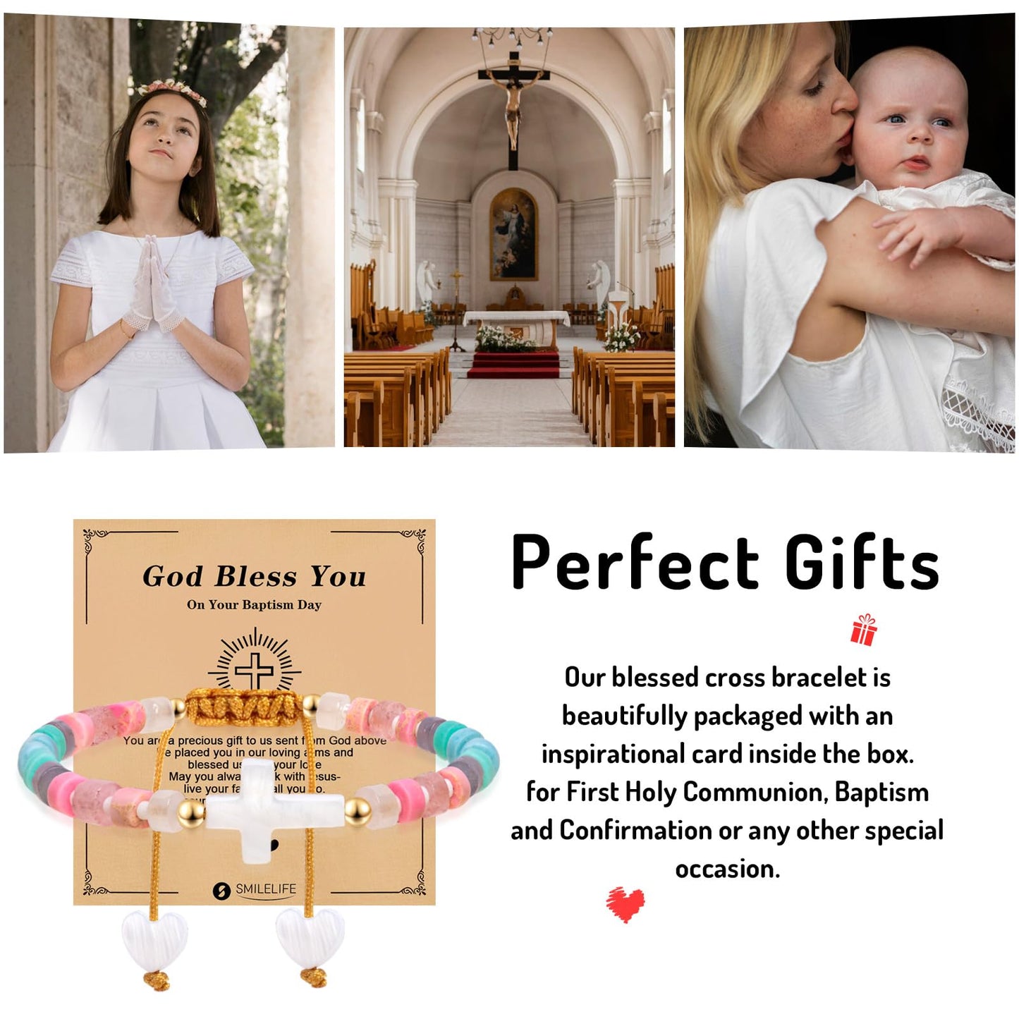 Smilelife Baptism Gift for Women, Girls and Boys - Inspirational Cross Bracelet with 'God Bless You' Card