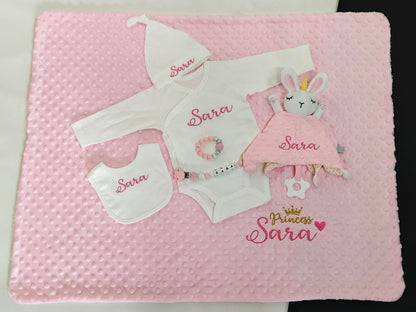 Personalized Newborn Baby Gift Sets, Customized Essential Stuff for Newborn Girl, Custom Embroidered Baby Blanket Onesie Hat Beanie Pacifier Clip Security Blanket with Name