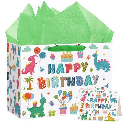 Hooqict Large Dinosaur Gift Bag Happy Birthday Gift Bag with Handles, Wrapping Tissue Paper and Greeting Cards for Kids Boys 1st 2nd 3rd Dinosaur Birthday Party Supplies Baby Showers